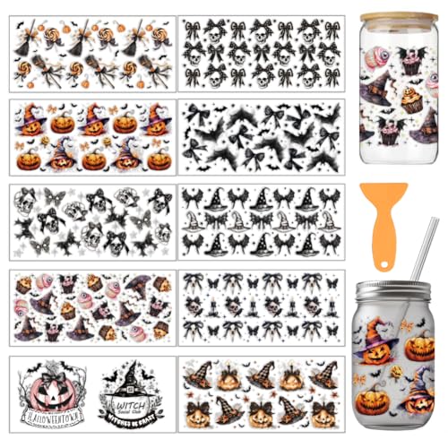 arricraft 10 Blatt Halloween Thema UV DTF Cup Wrap Für 16OZ Glas Halloween Schleife Mit Geistern Und Kürbissen Abziehbilder Aus PVC Transferaufkleber Für Selbstgemachte Tassen Holzmöbel von arricraft