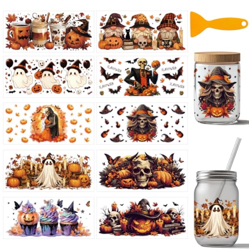arricraft 10 Blatt Halloween UV DTF Becherfolie Für 16OZ Glas Kürbis Fledermäuse Totenkopf Schmetterling Abziehbilder PVC Transferaufkleber Für DIY Becher Holzmöbel Halloween Zubehör arricraft 10 Blatt Halloween UV DTF Becherfolie Für 16OZ Glas Kürbis Fledermäuse Totenkopf Schmetterling Abziehbilder PVC Transferaufkleber Für DIY Becher Holzmöbel Halloween Zubehör von arricraft