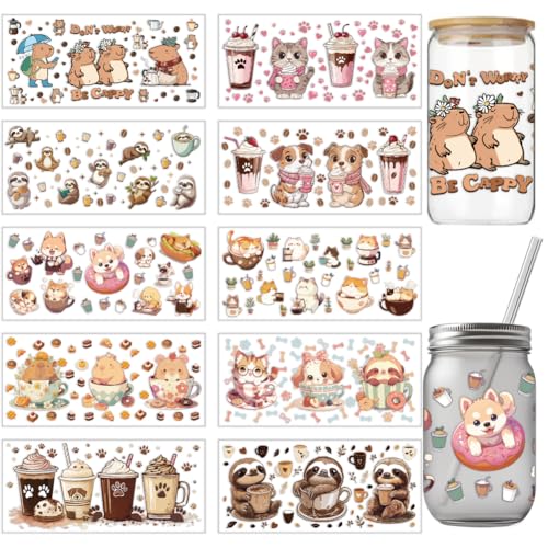 arricraft 10 Blatt Kaffee Tiere Thema UV DTF Cup Wrap Für 16OZ Glas Wasserschwein Katze Hund Faultier Abziehbilder Cartoon PVC Transferaufkleber Für Selbstgemachte Tassen Und Flaschen von arricraft