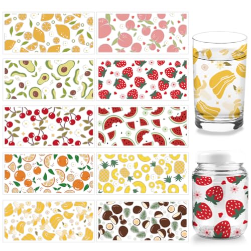 arricraft 10 Stück 10 Stile UV DTF Cup Wrap Transfer Aufkleber, Frucht-Transferpapier Erdbeere Rub-On-Aufkleber Wassermelone PVC-Cup-Wrap-Aufkleber Wasserfeste Rub-Abziehbilder Für Bastelglas von arricraft