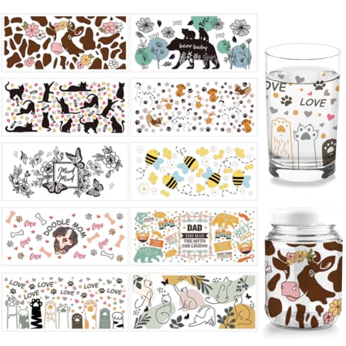 arricraft 10 Stück 10 Stile UV DTF Cup Wrap Transfer Aufkleber, Insekten-Tassen-Transferpapier Tiere Rub-On-Aufkleber Katze Hund Cup-Wrap-Aufkleber Wasserfeste Rub-Abziehbilder Für Bastelglas von arricraft