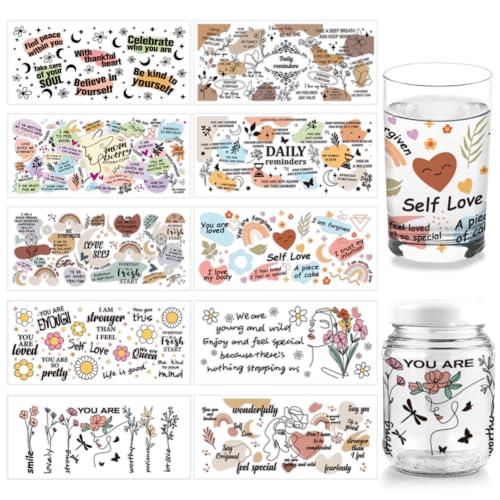 arricraft 10 Stück 10 Stile UV DTF Cup Wrap Transfer Aufkleber, PVC-Glasbecher-Transferpapier Inspirierende Worte Rub-On-Transfers Vintage-Wrap-Aufkleber Wasserfeste Rub-Abziehbilder Zum Basteln von arricraft