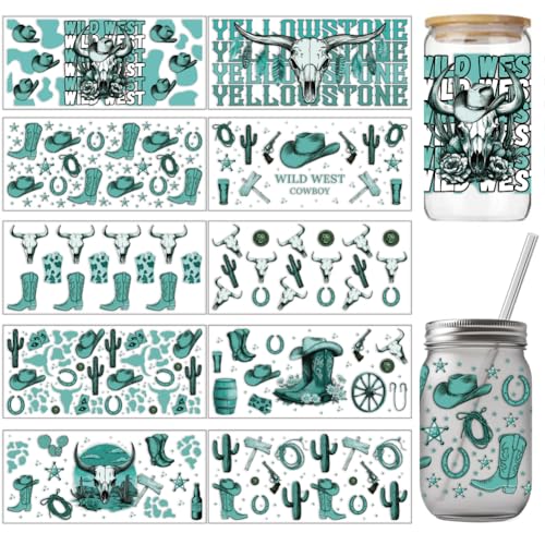 arricraft 10 Stück Blaues Cowboy Thema UV DTF Cup Wrap Transferaufkleber 10 Stile Cowboyhut Hufeisen Kaktus Rub On Aufkleber PVC Cup Wrap Wasserdichte Rub Decals Für 16 OZ Glasbecher 9.4x4.3 Zoll von arricraft