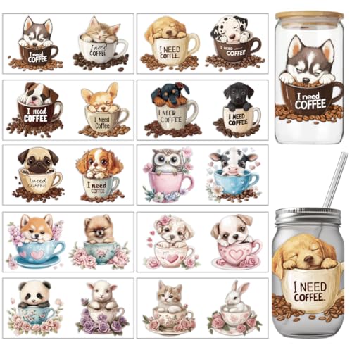 arricraft 10 Stück Bunte Kaffeetassen UV Transferpapiere Mit Tiermotiven 10 Stile Hund Katze Kaninchen UV DTF Cup Wrap Aufkleber Für 16 OZ Glas Tassen Handwerk 9.5x4.3 Zoll von arricraft