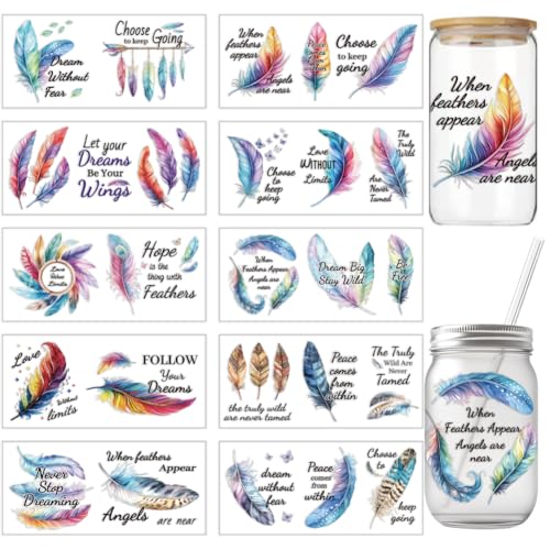 arricraft 10 Stück Buntes Feder Motiv UV Transferpapier Für Tassendruck 10 Stil Feder Mit Inspirierendem Text PVC DIY Wärmeübertragungsaufkleber Für 16 OZ Glasbecher Basteln 9.5x4.3 Zoll von arricraft