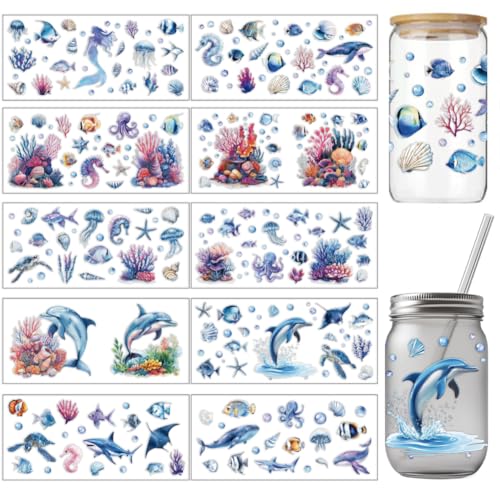 arricraft 10 Stück Buntes UV Transferpapier Für Tassen Mit Meerestiermotiv 10 Stile Meerestier Muschel Krake Seepferdchen Meerjungfrau UV DTF Cup Wrap Aufkleber Für 16 OZ Glasbecher Basteln von arricraft