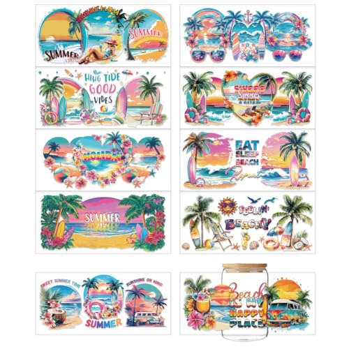arricraft 10 Stück Buntes UV Transferpapier Für Tassen Mit Sommer/Strandmotiv 10 Stile Sandstrand Kokospalmen Sonnenuntergang UV DTF Cup Wrap Aufkleber Für 16 OZ Glasbecher Handwerk 9.5x4.3 Zoll von arricraft