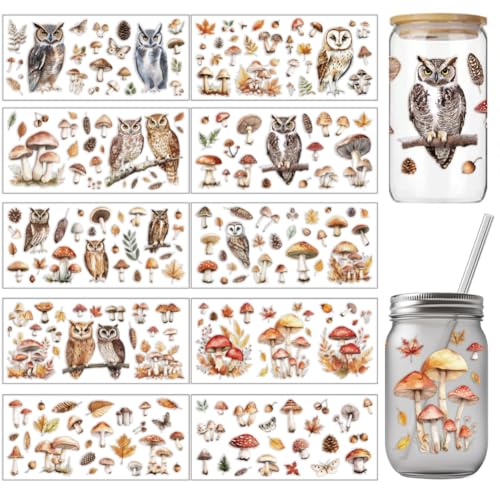 arricraft 10 Stück Buntes UV Transferpapier Zum Bedrucken von Tassen Mit Eulenmotiv 10 Stil Pilze Blätter Tannenzapfen Federn UV DTF Cup Wrap Aufkleber Für 16 OZ Glasbecher Handwerk 9.5x4.3 Zoll von arricraft