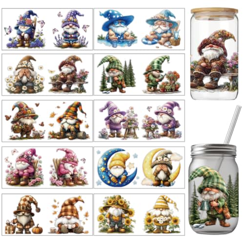arricraft 10 Stück Buntes UV Transferpapier Zum Bedrucken von Tassen Mit Zwerg/Elfenmotiv 10 Stile Gnome Mond Schmetterlinge Wälder Blumen UV DTF Cup Wrap Aufkleber Für 16 OZ Glasbecher Handwerk von arricraft