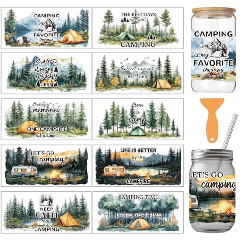 arricraft 10 Stück Camping Themenbecher Druck UV Transferpapier 10 Stil Lagerfeuer Wohnwagen Wald Geeignet Für Outdoor Wanderungen PVC DIY Wärmeübertragungsaufkleber Für 16 OZ Glasbecher Basteln von arricraft