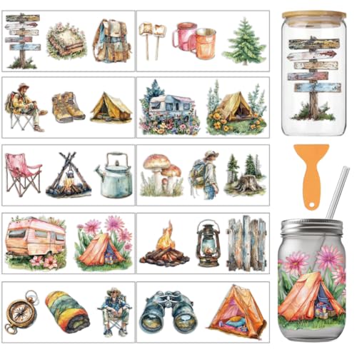 arricraft 10 Stück Camping Themenbecher Druck UV Transferpapier 10 Stil Rucksack Berg Wald Lagerfeuer Teleskop PVC DIY Wärmeübertragung Aufkleber Für 16 OZ Glas Tassen Handwerk 9.5x4.3 Zoll von arricraft