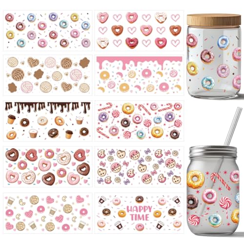 arricraft 10 Stück Candy UV DTF Cup Wrap Transferaufkleber 10 Stile Kaffee Donut Cookies Transferpapier Rubbelaufkleber PVC Tasse Wasserfest Rubbelaufkleber Für Tassenglas 24x11cm von arricraft