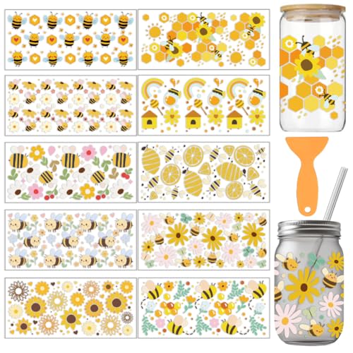 arricraft 10 Stück Cartoon Bienen Thema Tassendruck UV Transferpapier 10 Stile Bienen Blumen Sonnenblume Regenbogen PVC DIY Wärmeübertragung Aufkleber Für 16 OZ Glas Tassen Handwerk 9.5x4.3 Zoll von arricraft