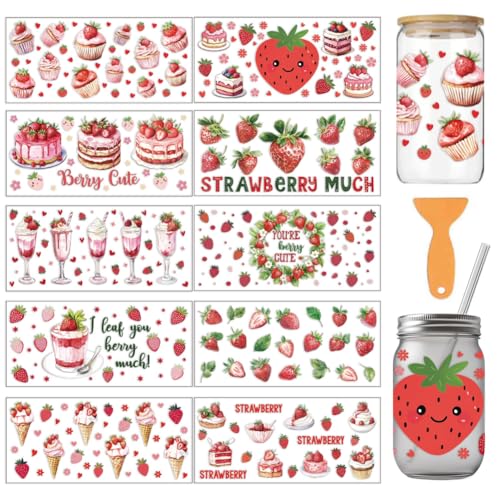 arricraft 10 Stück Erdbeer Motiv UV Transferpapier Für Tassendruck 10 Stil Erdbeerkuchen Eiscreme PVC DIY Wärmeübertragungsaufkleber Für 16 OZ Glasbecher Basteln 9.5x4.3 Zoll von arricraft