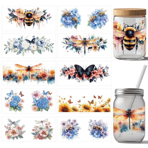 arricraft 10 Stück Insekten UV DTF Cup Wrap Transferaufkleber 10 Stile Bienen Schmetterling Libellen Pflanzen Transferpapier Aufkleber Zum Aufreiben PVC Becherfolie Wasserdichte Abziehbilder von arricraft