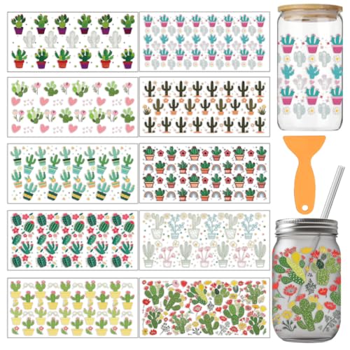 arricraft 10 Stück Kaktus Motiv UV Transferpapier Für Tassendruck 10 Stil Kaktus Verschiedener Sorten PVC DIY Wärmeübertragungsaufkleber Für 16 OZ Glasbecher Basteln 9.5x4.3 Zoll von arricraft