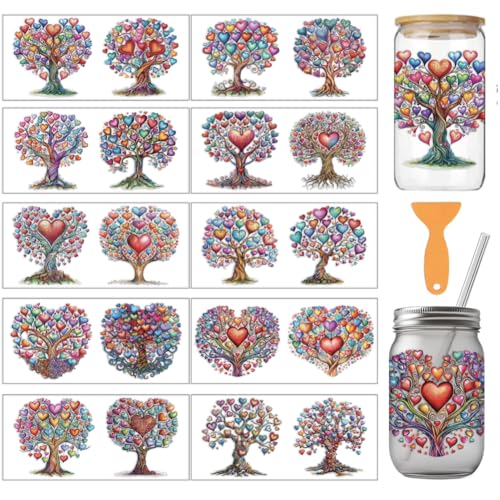 arricraft 10 Stück Love Tree Theme Cup Printing UV Transferpapier 10 Stile Liebesbaum Des Lebens Bunte Herzen PVC DIY Wärmeübertragungsaufkleber Für 16 OZ Glasbecher Basteln 9.5x4.3 Zoll von arricraft