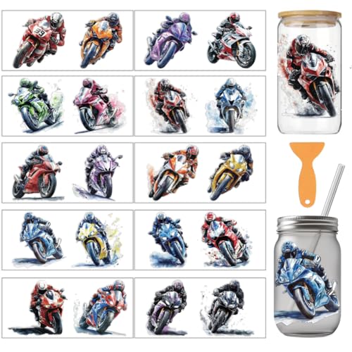 arricraft 10 Stück Motorrad Motiv UV Transferpapier Für Tassendruck 10 Stil Motorradfahrer Motorräder In Verschiedenen Farben PVC DIY Wärmeübertragung Aufkleber Für 16 OZ Glas Tassen Handwerk von arricraft