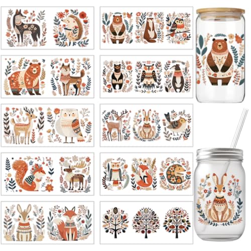 arricraft 10 Stück Nordische Volkskunst Tiere Thema Tasse Druck UV Transfer Papiere 10 Stile Hirsche Bären Kaninchen Füchse PVC DIY Wärmeübertragungsaufkleber Für 16 OZ Glasbecher Basteln 9.5x4.3 Zoll von arricraft