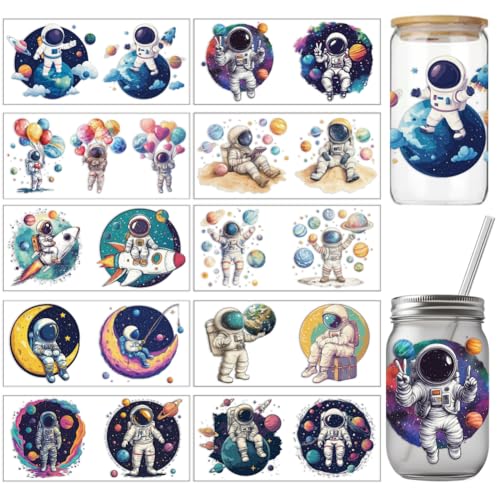 arricraft 10 Stück PVC Transferaufkleber Mit Astronauten Planeten Muster Buntes UV Wasserdichtes Tassenaufkleber Set Mit Mond Und Erdballon Für (28) ml Gläser Fenster Heimdekoration von arricraft