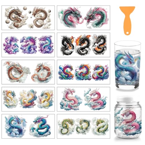 arricraft 10 Stück PVC Transferaufkleber Mit Orientalischem Drachenmuster Buntes Drachenmuster UV Wasserdichtes Tassenaufkleber Set Für (28) ml Gläser Fenster Heimdekoration von arricraft