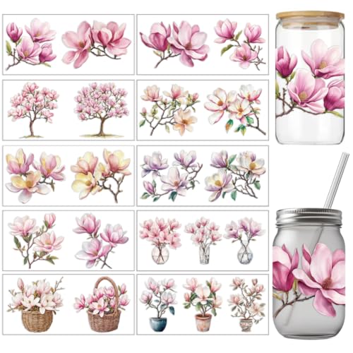 arricraft 10 Stück PVC Transferaufkleber Mit Rosa Magnolienblüten Motiv Tassenaufkleber Set Mit Blumenstrauß Zweigen Und Blättern UV Wasserdicht Für (28) Ml Gläser Fenster Heimdekoration von arricraft