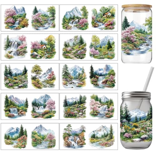 arricraft 10 Stück PVC Transferaufkleber Mit Wald Wasserfall Muster Tassenaufkleber Set Mit Bunten Blumen Landschaft UV Wasserfest Für (28) ml Gläser Fenster Heimdekoration von arricraft