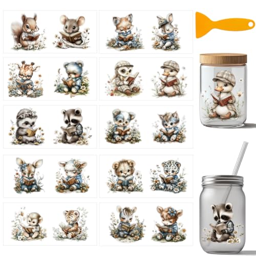 arricraft 10 Stück Tiere Lesen Bücher Thema PVC Cup Transfer Aufkleber Tassenaufkleber Set Mit Tieren Retro Blumenmuster UV Wasserdicht Für (28) ml Gläser Fenster Heimdekoration von arricraft