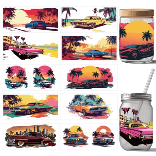 arricraft 10 Stück UV DTF Cup Wrap Transferaufkleber 10 Stile Sonnenuntergang Auto Kokosnussbäume Retro Transferpapier Rubbelaufkleber PVC Cup Wrap Wasserfeste Rubbelbilder Für Tassengläser 24x11cm von arricraft