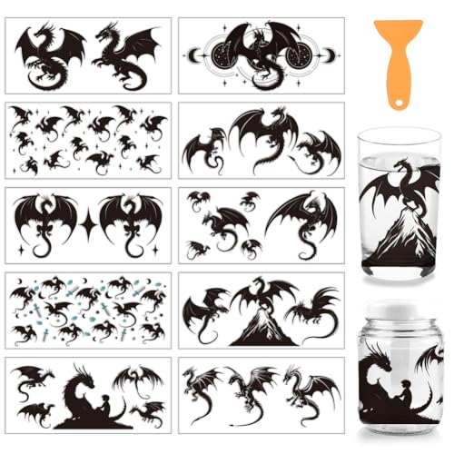 arricraft 10 Stück UV Transferpapier Für Tassen Mit Drachenmotiv 10 Stile Drachen Silhouette PVC DIY Wärmeübertragung Aufkleber Für 16 OZ Glas Tassen Handwerk 9.5x4.3 Zoll von arricraft