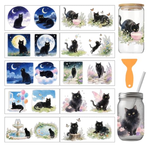 arricraft 10 Stück UV Transferpapier Für Tassen Mit Katzenmotiv 10 Stile Aquarell Fantasie Schwarze Katze PVC DIY Wärmeübertragung Aufkleber Für 16 OZ Glas Tassen Handwerk 9.5x4.3 Zoll von arricraft