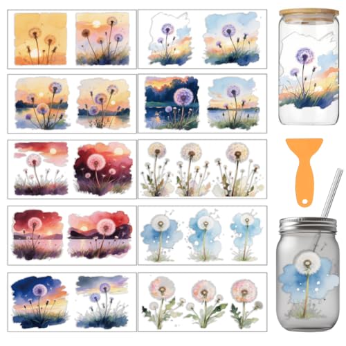 arricraft 10 Stück UV Transferpapier Für Tassen Mit Löwenzahn Motiv 10 Stile Aquarelllandschaft Und Löwenzahn PVC DIY Wärmeübertragungsaufkleber Für 16 OZ Glasbecher Basteln 9.5x4.3 Zoll von arricraft