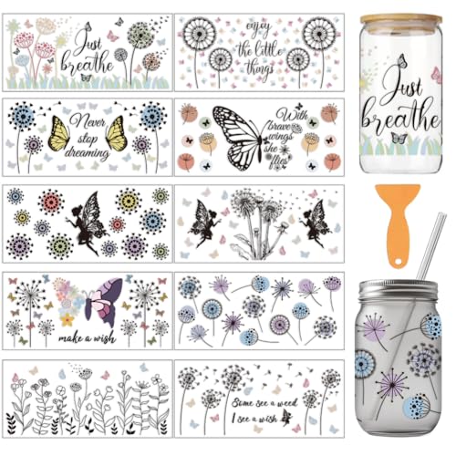arricraft 10 Stück UV Transferpapier Für Tassen Mit Löwenzahn Motiv 10 Stile Böhmische Blumen Fee Schmetterling PVC DIY Wärmeübertragung Aufkleber Für 16 OZ Glasbecher Handwerk 9.5x4.3 Zoll von arricraft