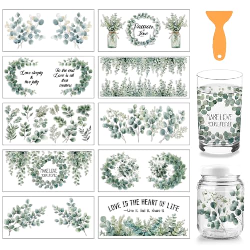 arricraft 10 Stück UV Transferpapier Für Tassendruck Mit Blattmotiv 10 Stil Eukalyptusblätter Mit Liebestext PVC DIY Wärmeübertragungsaufkleber Für 16 OZ Glasbecher Basteln 9.5x4.3 Zoll von arricraft