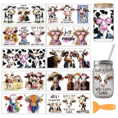 arricraft 10 Stück UV Transferpapier Zum Bedrucken von Tassen Mit Rindermotiv 10 Stile Highland Cattles Lustige Kühe PVC DIY Wärmeübertragung Aufkleber Für 16 OZ Glas Tassen Handwerk 9.5x4.3 Zoll von arricraft
