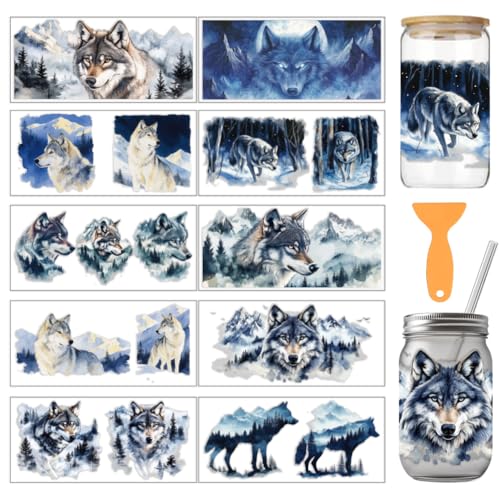 arricraft 10 Stück UV Transferpapier Zum Bedrucken von Tassen Mit Wolfsmotiv 10 Stile Aquarell Wolf Schneebedeckte Berge PVC DIY Wärmeübertragung Aufkleber Für 16 OZ Glas Tassen Handwerk 9.5x4.3 Zoll von arricraft