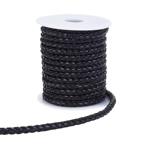 arricraft 10 m Geflochtenes PU-Lederband, 5 mm Breite, Schwarze, Flache, Runde, Gefaltete Bolo-Krawattenschnur Mit Spule, PU-Leder, Schnurseile Für DIY-Halsketten, Schmuckherstellung von arricraft