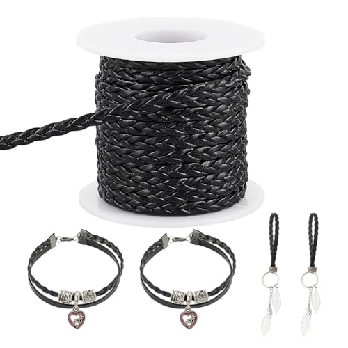 arricraft 10.94 Yards (10 m) Geflochtene Lederschnur, 5 mm Breites Schwarzes 3-Lagiges Flaches Kordelseil, Spitze, Gefaltete Bolo-Schnur, Geflochtenes PU-Lederband Mit Spule Für DIY-Halskette von arricraft