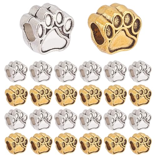 arricraft 100 Stück Pfotenabdruck-Perlen, 2 Farbe Legierung Bär Katze Hund Tier Pfotenabdruck Perlen Tibetischer Stil Großlochperlen Hündchen Welpenpfote Lose Perlen Für Armband von arricraft