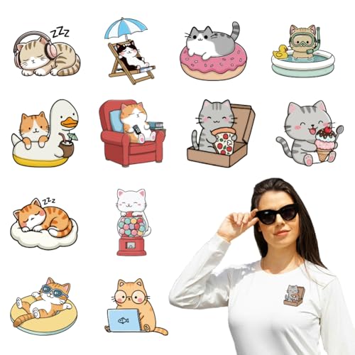 arricraft 12 Blatt Cartoon Katzen Aufkleber Zum Aufbügeln Urlaub Arbeiten Eiscreme Katzen Druck Transfer Aufkleber Aufkleber Für DIY T Shirt Jeans Rucksäcke Familien Kleidung Hut Dekoration von arricraft
