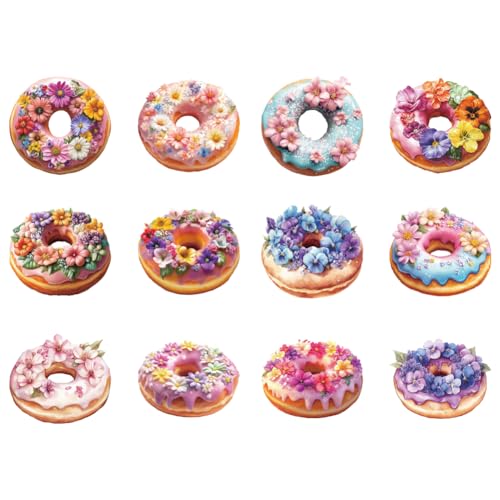 arricraft 12 Stück Donut Thema Wärmeübertragungsfolie Logo Aufkleber Set 12 Stile Floral Donut Wärmeübertragung Aufkleber Eisen Auf Aufkleber Für T Shirts Patches Taschen Hüte DIY Handwerk von arricraft