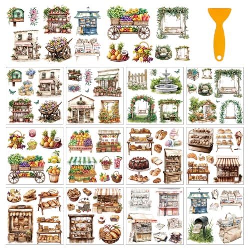 arricraft 12 Stück PVC Transferaufkleber 14cm (5.51 Zoll) Quadratisches Fenster Transfer Aufkleber Set Mit Blumenzimmer Obstladen Muster Für Wandfenster Heimdekoration Journaling Aufkleberzubehör von arricraft