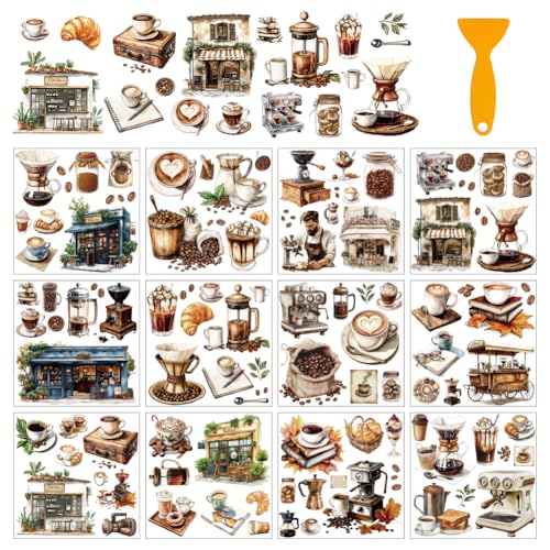 arricraft 12 Stück PVC Transferaufkleber 14cm (5.51 Zoll) Quadratisches Fenster Transfer Aufkleber Set Mit Kaffeetrinken Motiv Für Wände Fenster Heimdekoration Scrapbooking Aufkleberzubehör von arricraft