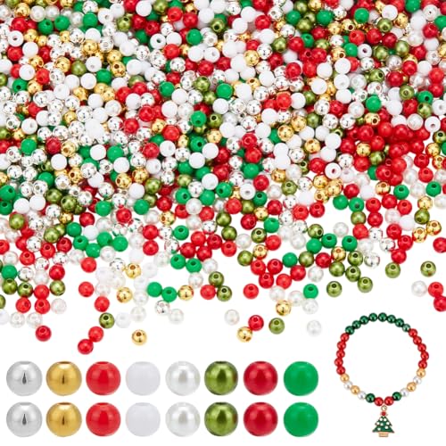 arricraft 1600 Stück Weihnachts-Perlen, 8 Stile, 6 mm, Acryl, runde Imitationsperlen in Rot, Grün, Gold, Weiß, Kunststoff, lose Abstandshalter, Perlen für Schmuckherstellung, Bastelarbeiten, Ohrringe von arricraft
