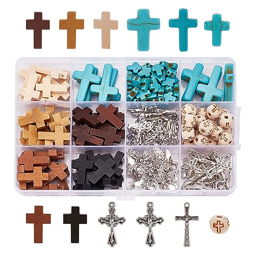 arricraft 170 Stück Kreuz-Schmuckherstellungs-Set, Holzkreuz-Anhänger, Einschließlich Synthetischer Türkisfarbener Perlen, Holzperlen-Anhänger, Ohrringen, Armbändern von arricraft