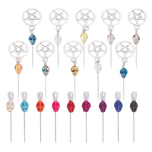arricraft 19 Stück Kerzen Magie Ritualstifte Anstecknadel Aus Karbonstahl Mit Totenkopf Und Pentagramm Anhänger. Farbiger Synthetischer Türkis Und Galvanisierter Glas Totenkopf Für Ansteckblumen von arricraft