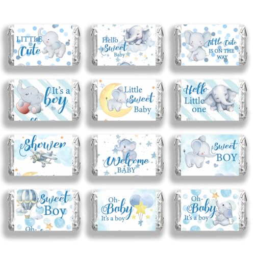 arricraft 20 Stück Babyparty-Aufkleber, Blue Elephant Sweet Boys Schokoladenetiketten-Aufkleber, Mini-Schokoriegel-Miniaturverpackungen, Geschlecht Offenbaren, Partygeschenk Zum Streuen von arricraft
