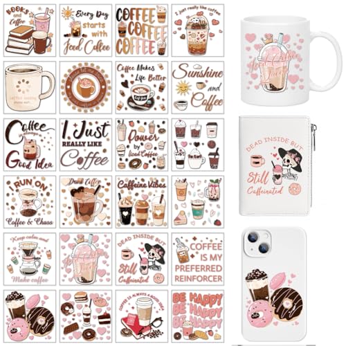 arricraft 24 Stück Kaffee Thema UV DTF Cup Wrap Boho DIY Wärmetransferpapier Verschiedene Kaffeemuster Abziehbilder Zum Aufreiben Wasserdichte PVC Transferaufkleber Für Glasbecher Holzhandwerk 8x8cm von arricraft