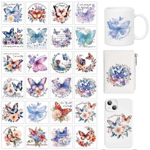 arricraft 24 Stück UV Transferpapier Für Tassen Mit Schmetterlingsmotiv 24 Stile Bunte Blumen Und Schmetterlinge UV DTF Cup Wrap Aufkleber Für 16 OZ Glasbecher Basteln 3.2x3.2 Zoll von arricraft