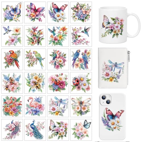 arricraft 24 Stück UV Transferpapier Für Tassen Mit Tiermotiven 24 Stile Bunte Blumen Vögel Schmetterlinge Insekten UV DTF Cup Wrap Aufkleber Für 16 OZ Glasbecher Basteln 3.2x3.2 Zoll von arricraft